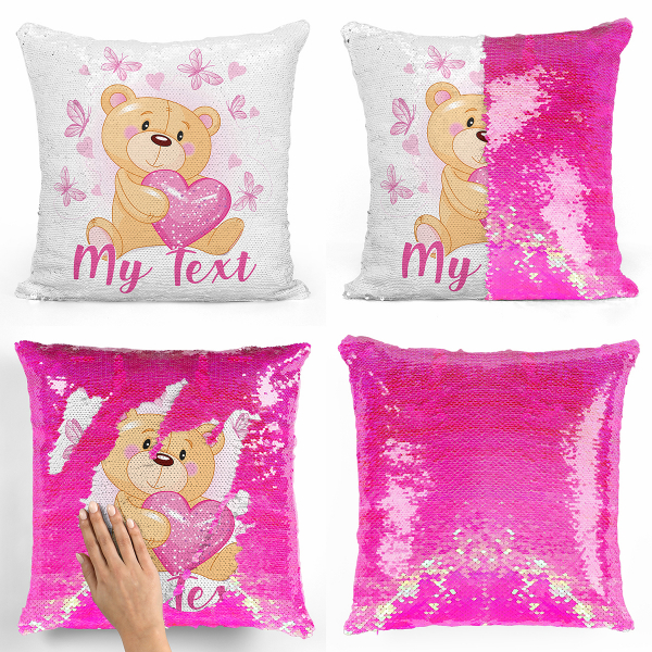 Personalized magic sequin cushion - Bear, hearts and butterflies
