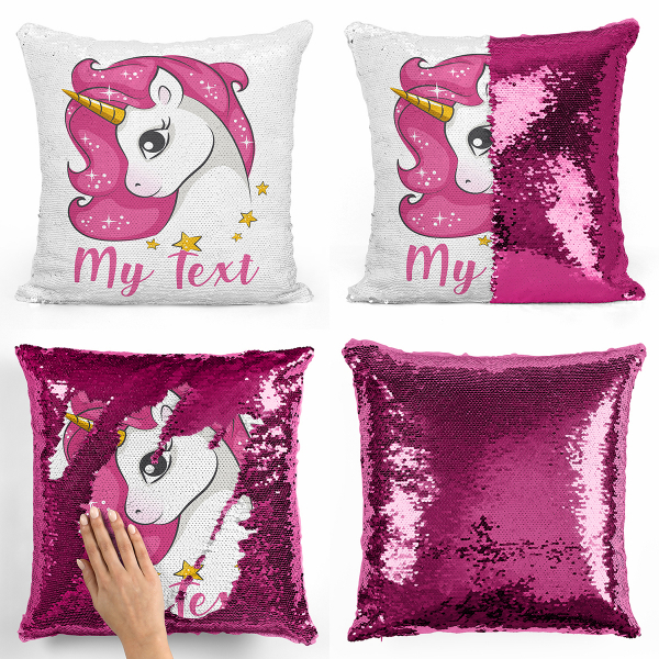 Personalized magic sequin cushion - Pink unicorn and stars
