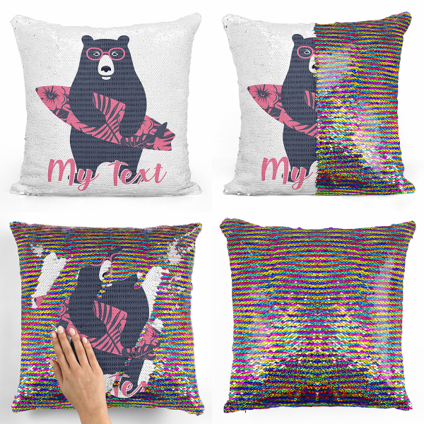 Personalized magic sequin cushion - Surfer bear