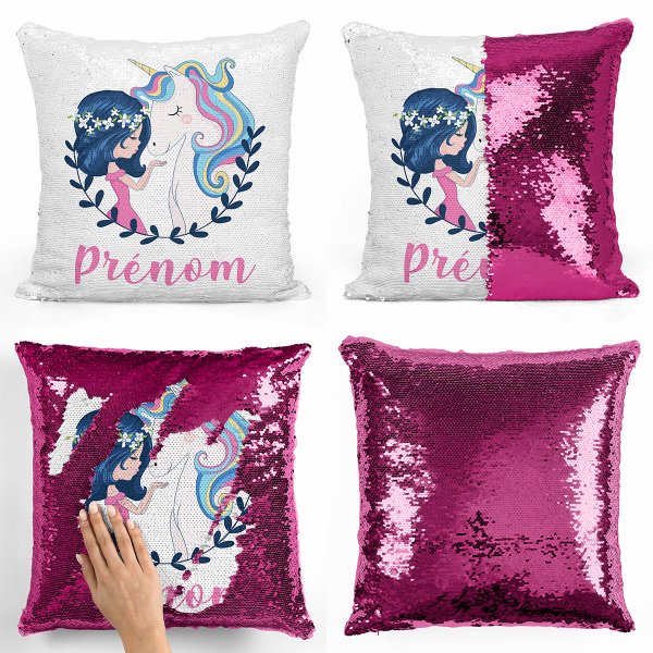Personalized magic sequin cushion - Girl and unicorn