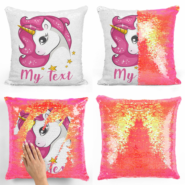 Personalized magic sequin cushion - Pink unicorn and stars