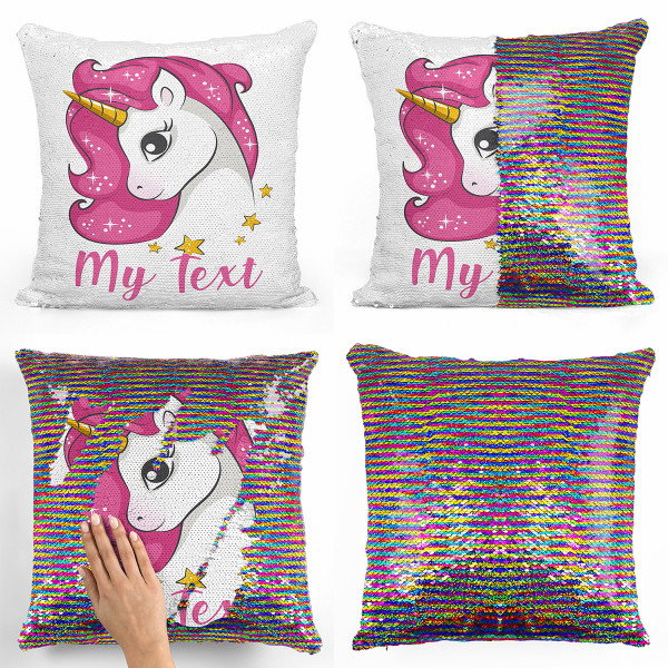 Personalized magic sequin cushion - Pink unicorn and stars