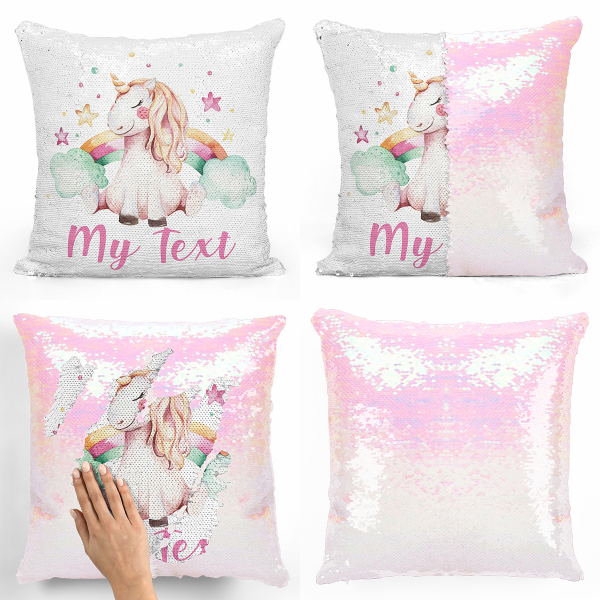 Personalized magic sequin cushion - Unicorn, stars and rainbow